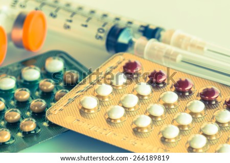 Birth control pill, Injection Medication and Injection devices made vintage style