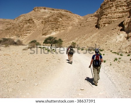 Hiking in Vadi Barak, Negev desert.The Negev is the desert region of southern Israel. The indigenous Bedouin citizens of the region refer to the desert as al-Naqab.