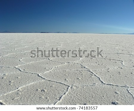 Salar de Uyuni- dried-up salt lake in the south of the Altiplano, Bolivia at an altitude of 3,650 m above sea level. Has an area of 10,582 km Ã?Â² and is the largest saline in the world.
