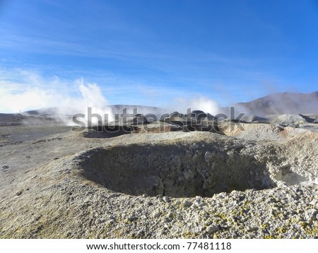 Geothermal plateau Sol de Mañana - the highest plateau hot spring located on the Earth. Located at an , of 4,850 meters on the Altiplano in Bolivia.