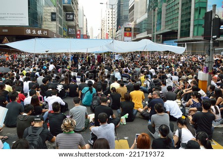 Hong Kong - September 29, 2014: Hong Kong Occupy Central Protests. People protest on the Argyle Street and Nathan Road in Kowloon