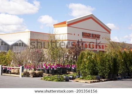 Mechanicsburg, PA , USA - April 12, 2012 : Home Depot (big box home improvement retailer) garden center with shrubs and trees