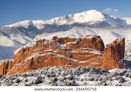 A fresh winter snow covers Pike\'s Peak and The Garden of the Gods in Colorado Springs Colorado.