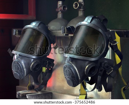 Oxygen mask , Gas mask , Firefighters mask of Firefighters in Thailand. Been through the use and very old