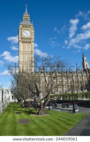 LONDON, ENGLAND -  APRIL 25, 2009: Sunny view on The bell Big Ben with clock tower. Big Ben is a focus of New Year celebrations in the United Kingdom, with TV stations tuning to its chimes.