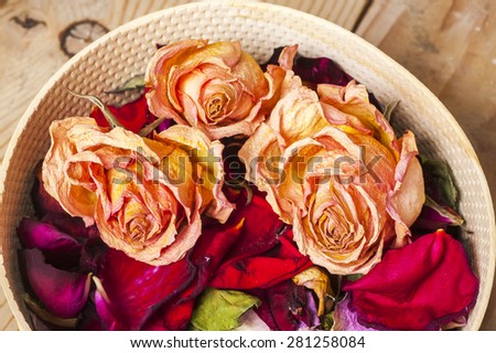 Dried rose petals: for tea, alternative medicine, pot-pourri.