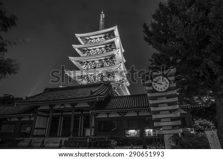 At Night, Black and White of Five-storied Pagoda of Sensoji Temple, Asakusa, Tokyo, Japan - 20 May 2015: It is Tokyo's oldest Buddhist temple, and one of its most significant.