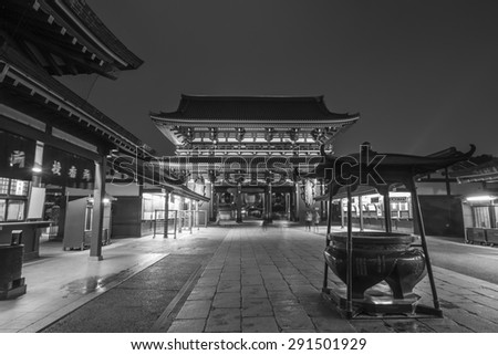 At Night, Black and White of Back Side of Hozomon Gate (Niomon Gate) of Sensoji Temple, Asakusa, Tokyo, Japan - 20 May 2015: It is Tokyo\'s oldest Buddhist temple, and one of its most significant.