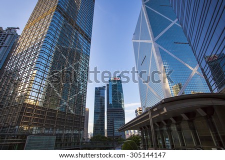 Architecture of Central with Blue Sky Background - 2 Aug 2015: It include The AIA Central(AIG Tower), Bank of China Tower and Cheung Kong Center.