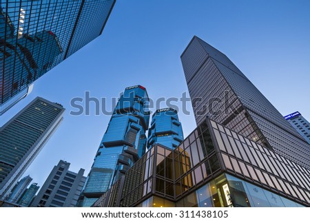 Sunset of Central and Admiralty, Hong Kong - 2 Aug 2015: It is the central business district of Hong Kong. It is located in Central and Western District, on the north shore of Hong Kong Island.