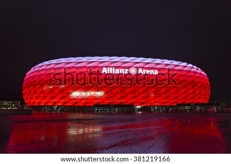 Allianz Arena at Night, Munich, Germany - 4 Feb 2016: It is the football stadium of FC Bayern Munich. It is designed by Herzog & de Meuron.