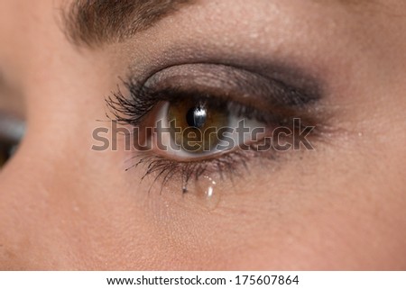 close up of the eye of a young woman with a tear drop on her lower eyelid
