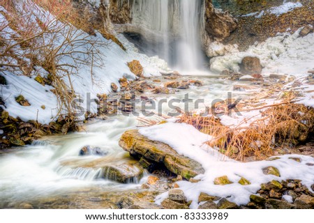 Close-up of the base of Borer\'s Falls in hamilton ontario in the Winter