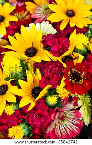 A red and yellow bouquet of daisies, thistles, dahlias and dianthus