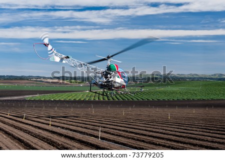 Helicopter spraying pest control chemicals on crops raised conventionally.