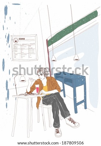 Illustration of a man in coffee shop