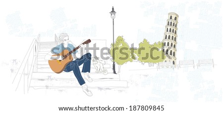 Illustration of a man playing guitar with cat