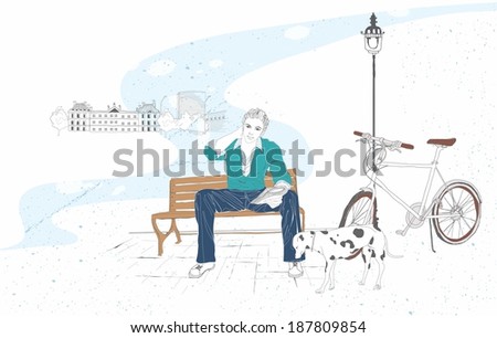 Illustration of a man on bench with dog