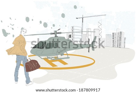 Illustration of a man waiting for helicopter