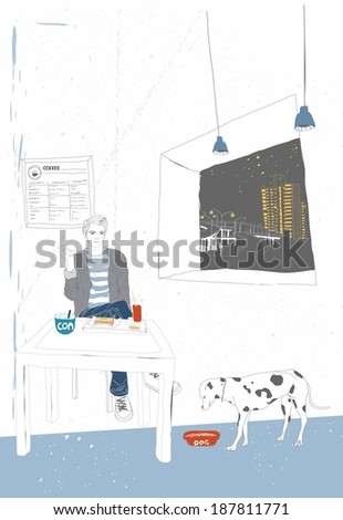 Illustration of a man eating with dog