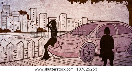 Illustration of people standing by car
