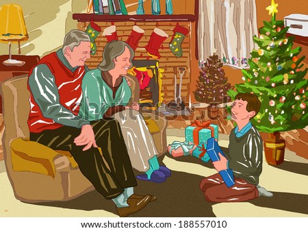 Illustration of elderly people sitting by a fireplace