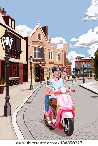 Illustration of elderly couple on motorbike