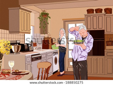 Illustration of sweet life for elderly people preparing food in kitchen