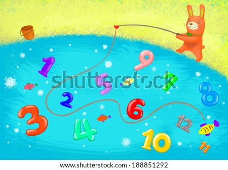 Illustration of cartoon bunny fishing for numbers