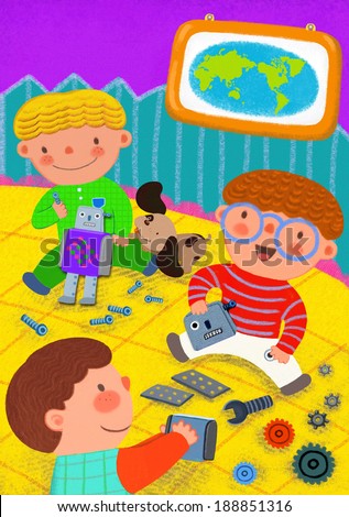 Illustration of kids playing with gadgets