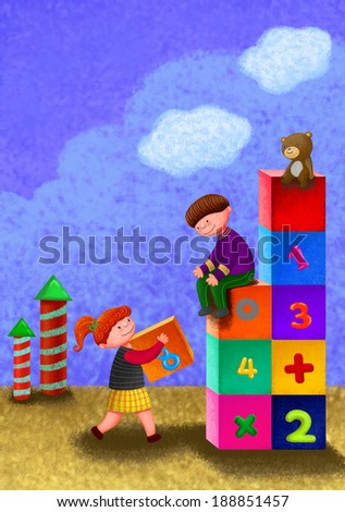 Illustration of childhood of learning number blocks