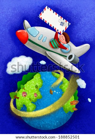 Illustration of childhood flying on plane with letter