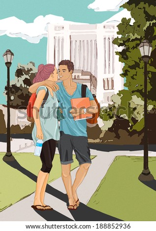 campus couple hugging