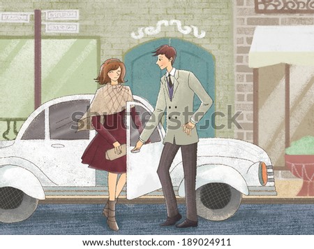 Illustration of couple exiting car