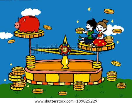 Illustration of children and piggy bank
