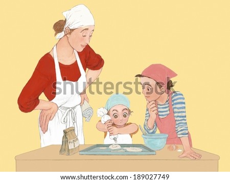 Illustration of childhood and baking cakes