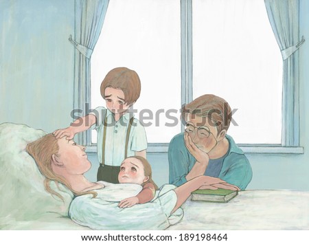 Illustration of family and sick mother