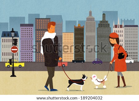 man and woman walking the dog in city