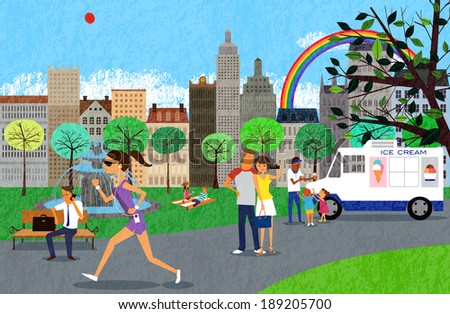 people walking and enjoying summer park