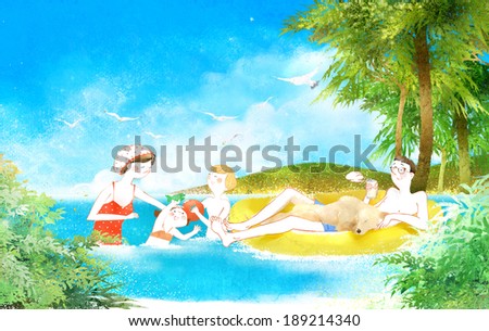 Illustration of family swimming in ocean