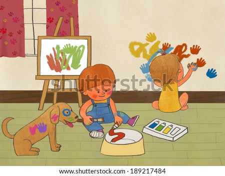Illustration of life style and boy drawing with dog