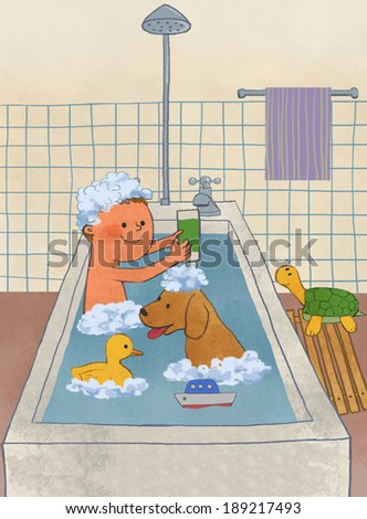 Illustration of life style and bath time with pets