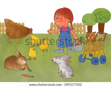 Illustration of girl feeding animals