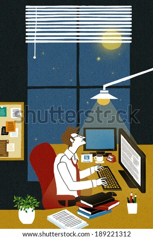 Illustration of city life and working late