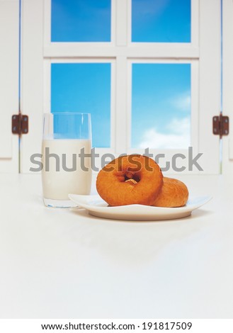The image of milk and donuts