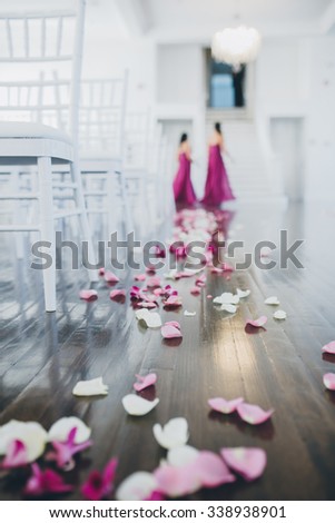 Rose petals on the floor, wedding