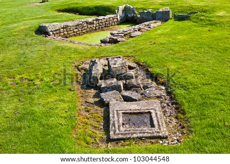 part of the ruins of the Housesteads Roman Fort at the Hadrian\'s Wall