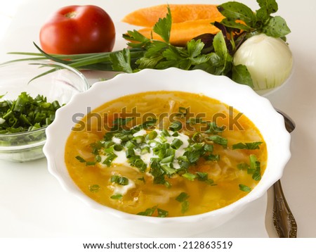 Hot vegetable soup with sour cream on white table.