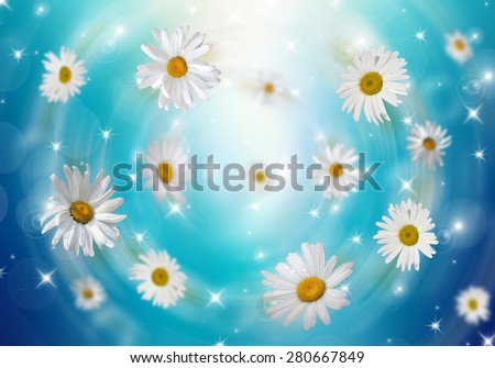 Many daisies on a blue background. Volumetric background.