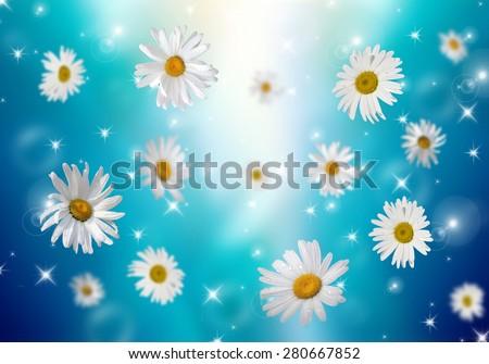 Many daisies on a blue background. Volumetric background.